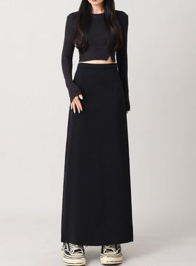 大码黑色长款半身裙女胖妹妹后开叉长裙直筒显瘦mm包臀高腰西装裙