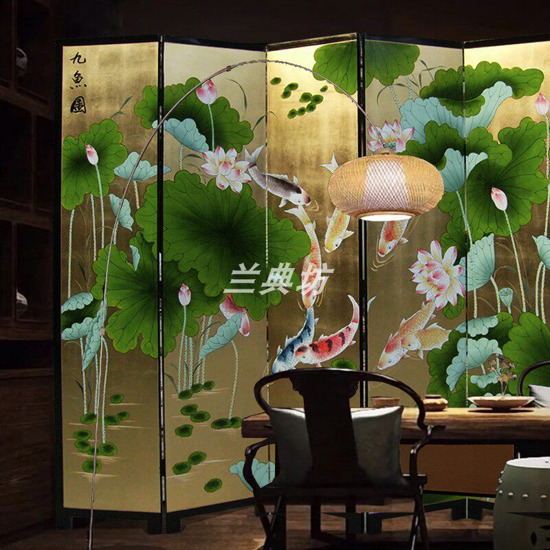 中式漆画折屏入户玄关定制荷花座屏金箔屏风客厅折叠背景画