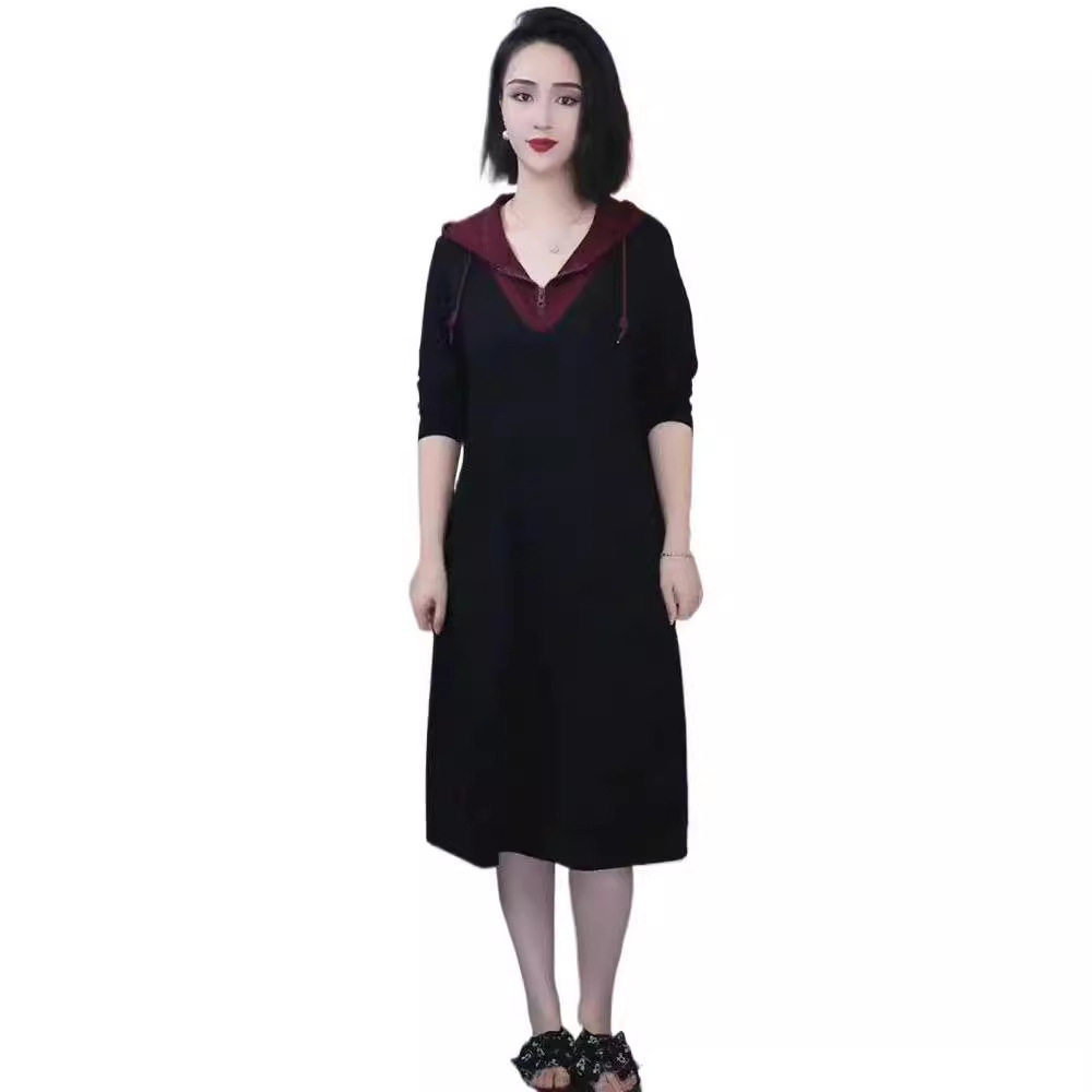轻奢假两件连帽卫衣裙女2025秋季新款时尚洋气宽松显瘦休闲中长款
