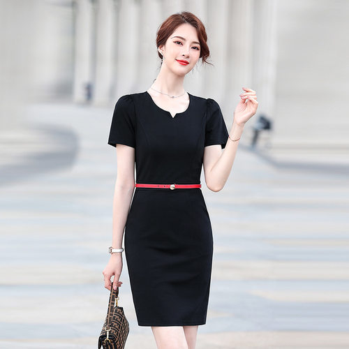 ZG轻奢工作服女职业气质连衣裙小黑裙弹力时尚珠宝店美容师售楼部
