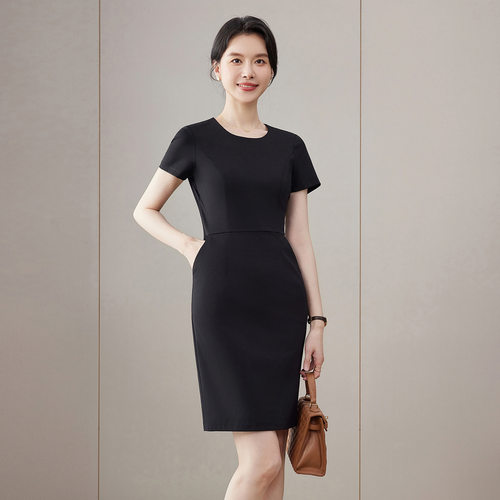 ZG轻奢黑色短袖连衣裙女夏季职业正装工作服珠宝店酒店前台接待