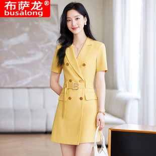 ZG轻奢2025新款V领连衣裙女短袖纯色气质职业连衣裙工作服显瘦