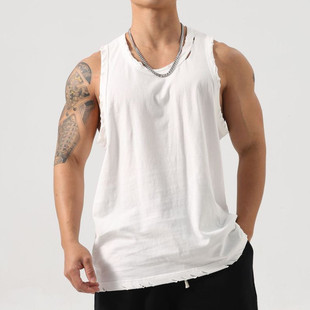 美式潮流战损破洞做旧背心男女夏季纯色运动休闲百搭坎肩无袖T恤