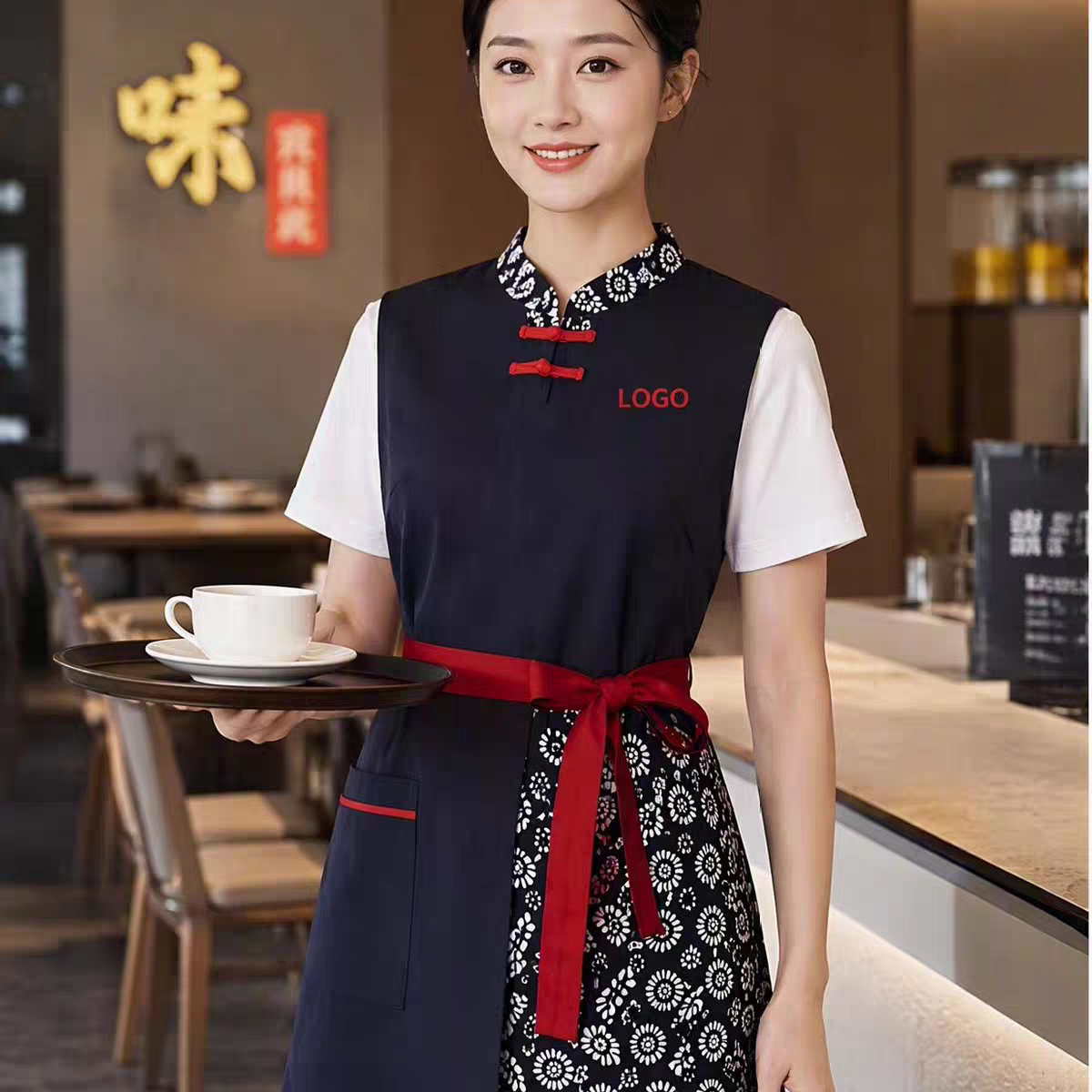 复古时尚围裙民族风农家乐中式餐厅围裙饭店服务员家用厨房工作服