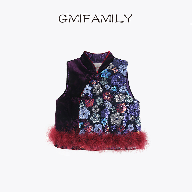 53429M女童国风新中式马甲唐装亮片背心25年冬季儿童保暖丝绒上衣