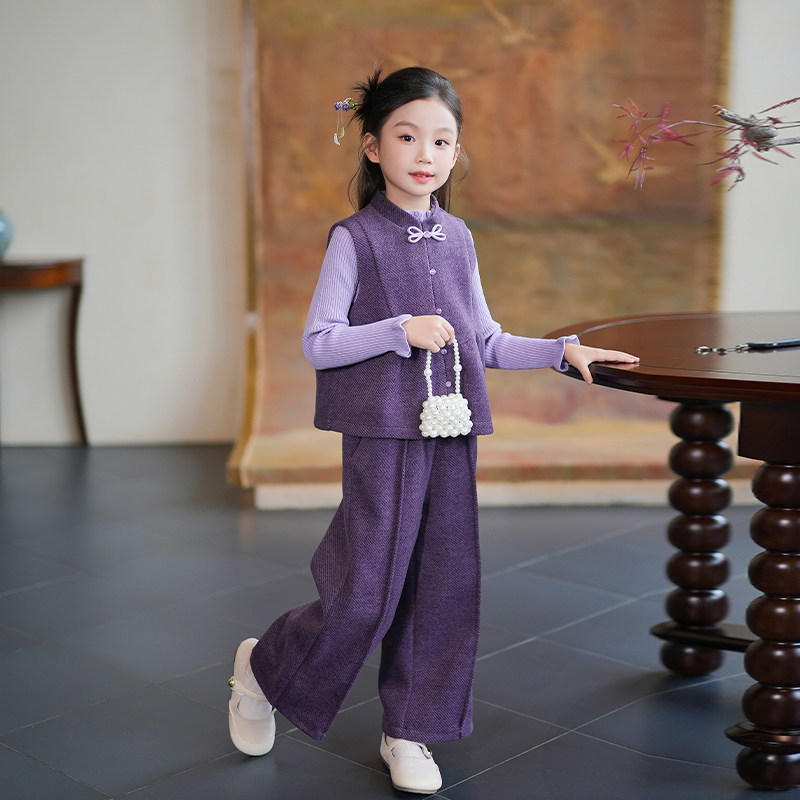女童秋冬套装2025新款新中式国风女宝宝马甲毛衣洋气儿童两件套