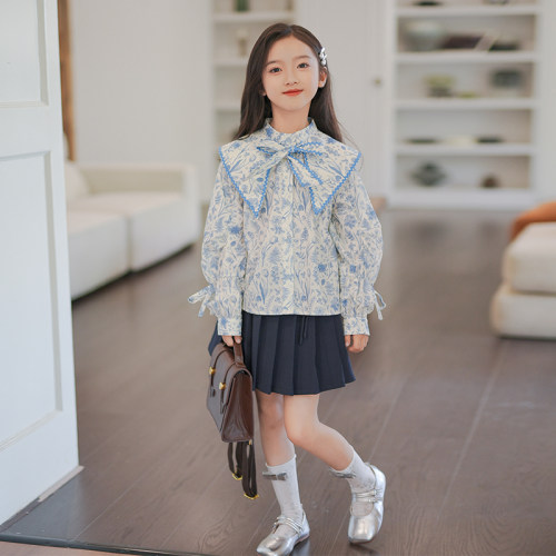 2026新款春装女童装长袖衬衫学院文艺洋气时髦百褶短裙两件套装裙