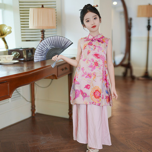 53886夏季百搭新中式女童汉服2025新款盘扣设计感儿童两件套童装