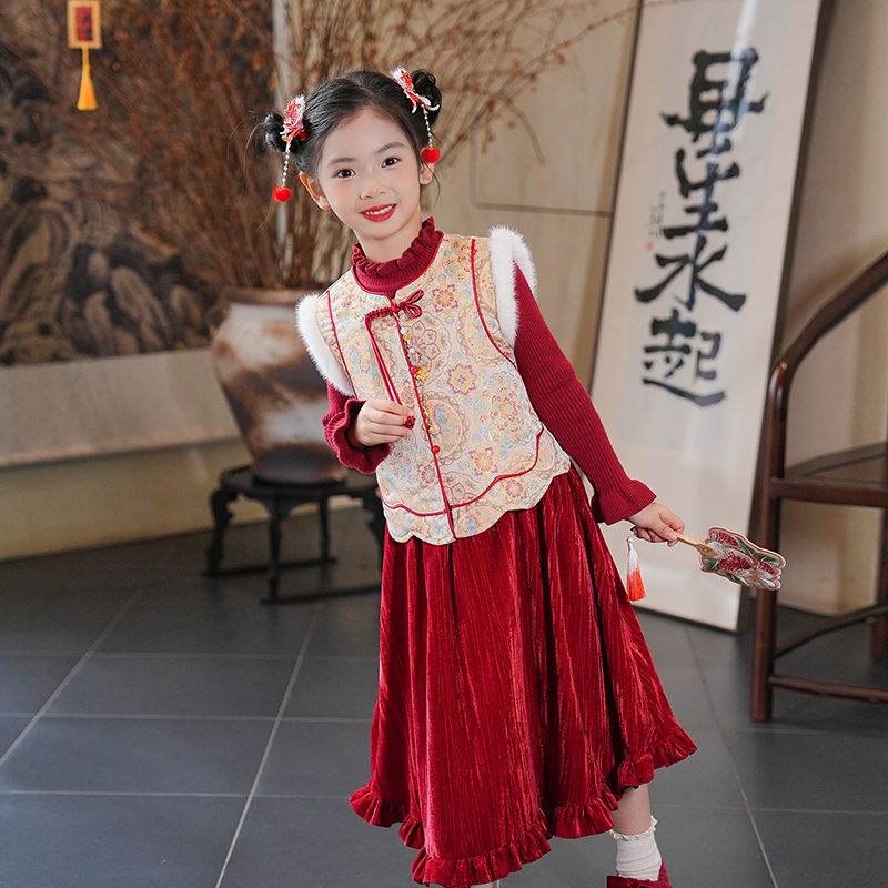 53417M女童秋冬款汉服马甲新装年裙子2025新款小女孩新中式拜年服