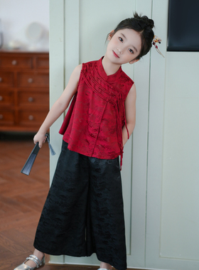 女童套装新中式国风红色无袖马甲上衣2025夏季新款儿童唐装两件套