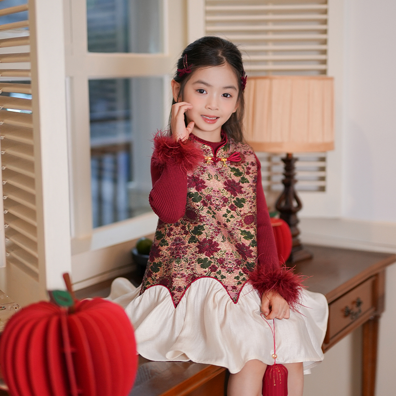 80908女童新中式提花旗袍裙2025冬季新款背心裙儿童盘扣汉服裙子