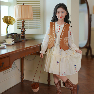 女童套装马甲背心连衣裙秋季2025新款波西米亚刺绣外搭坎肩上衣