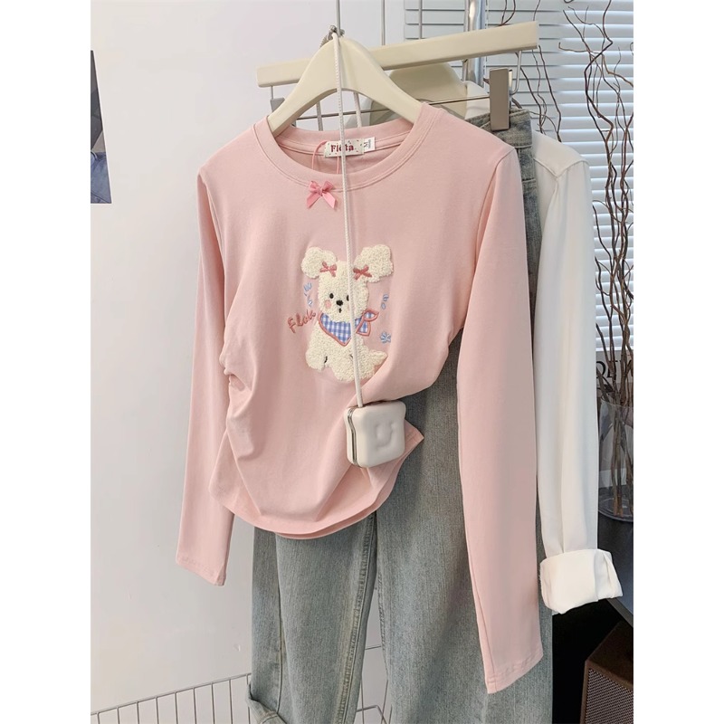 0769455女童T恤2025秋装新款植绒卡通小狗刺绣儿童长袖上衣打底衫