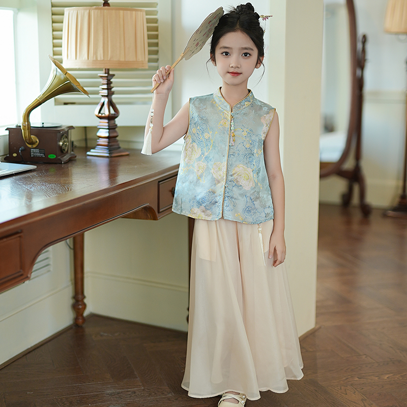 0769559女童汉服套装唐装两件套2025夏季新款古风中大童坎肩背心