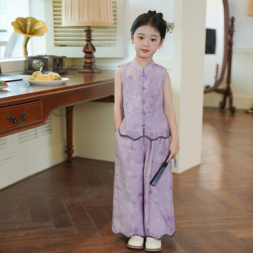 53824女童夏装套装2026儿童汉服国风碎花两件套女童中式阔腿裤