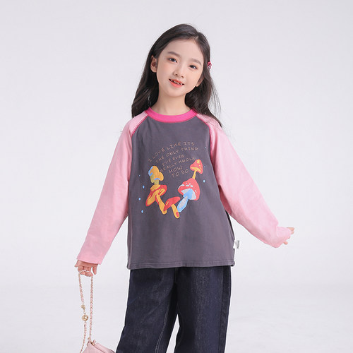 82077M韩系女童T恤长袖打底衫上衣2026春季新款洋气甜美拼色衣服