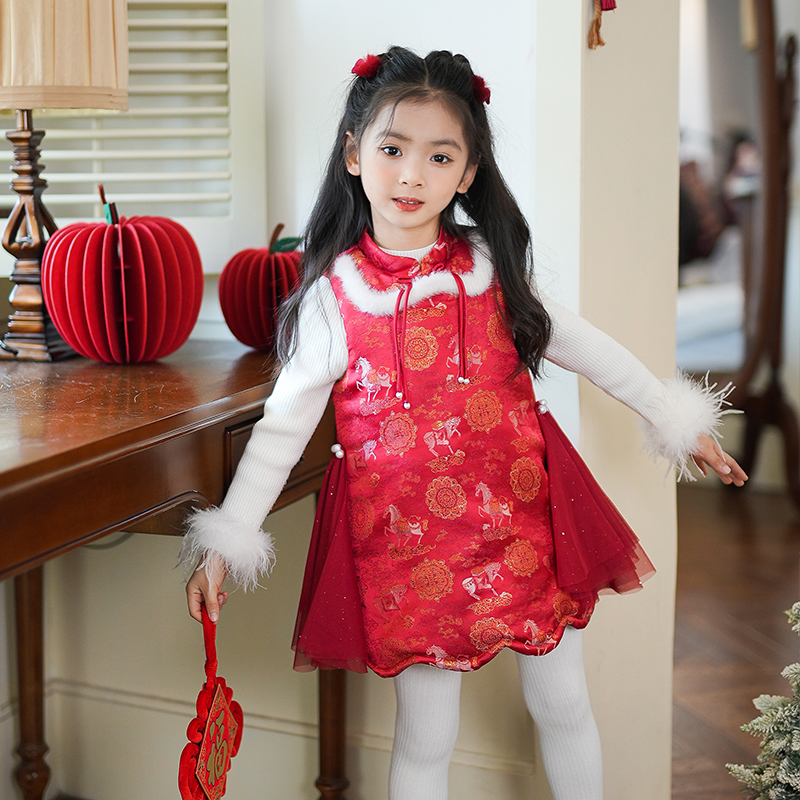 女童连衣裙汉服新中式旗袍裙冬季2025年新款红色国风唐装过年衣服