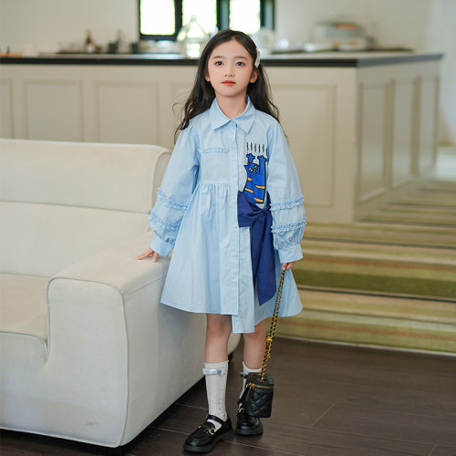 清仓--儿童连衣裙2026新款女春季长袖衬衫裙设计感拼接长袖连衣裙