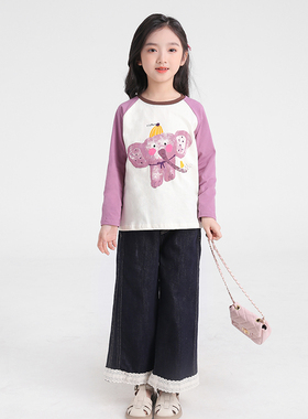 82088M女童长袖t恤可爱秋装2025新款卡通印花童装打底衫儿童上衣