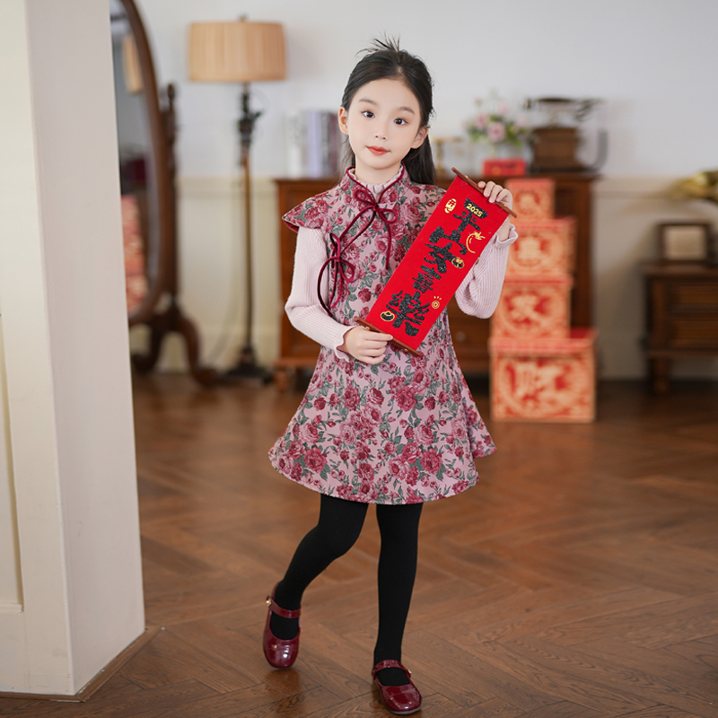 女童连衣裙新中式国风生日礼服旗袍裙子2025冬季新款拜年服礼服裙