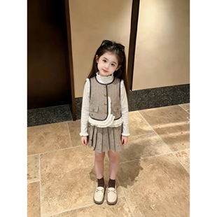 童装女童小香风呢子套装秋装2026新款洋气儿童花边马甲裙子三件套