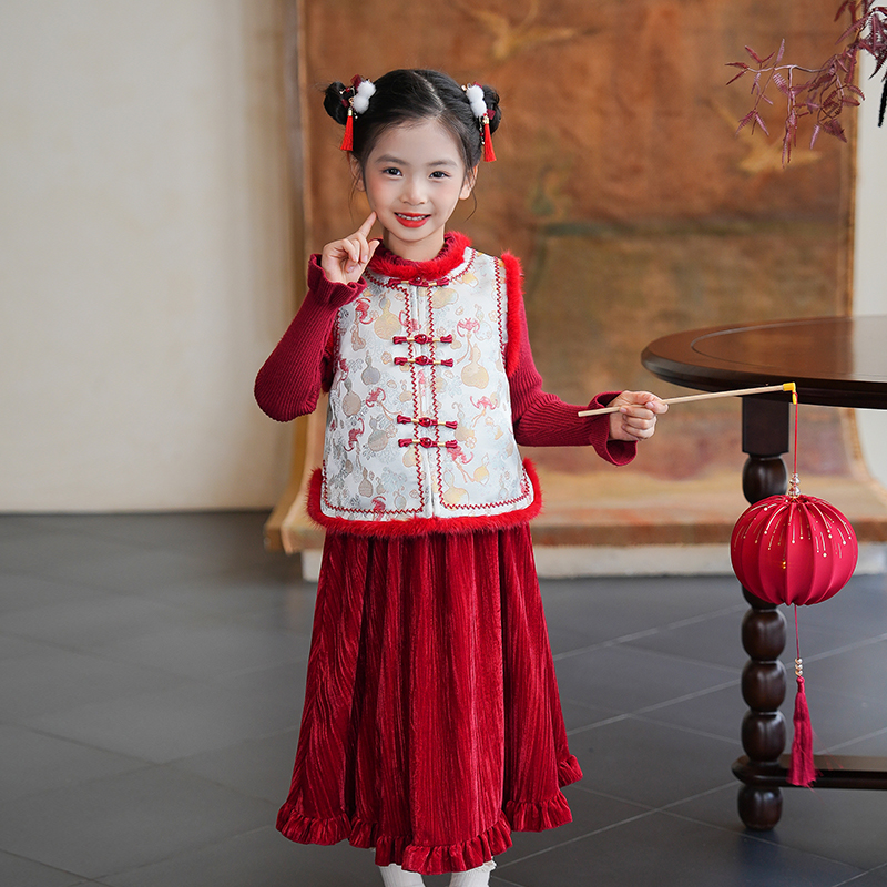 53989女童汉服拜年服儿童新中式马甲2025冬季新款女孩古风过年服