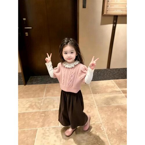 女童26秋季新款套装洋气甜美粉色针织上衣时髦韩版三件套