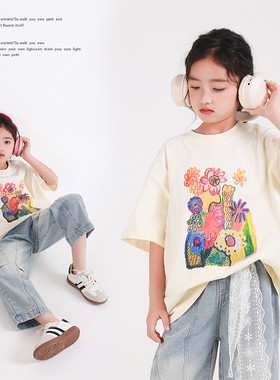 82091M女童印花短袖夏季2025新款儿童圆领套头半袖T洋气甜美上衣