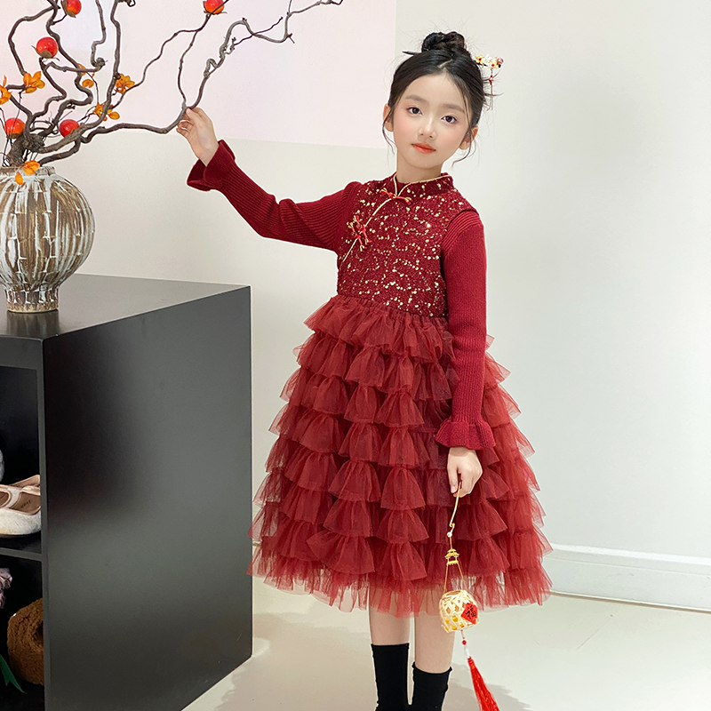 女童汉服背心裙圣诞节服装公主裙冬季新款中国风盘扣连衣裙打底衫