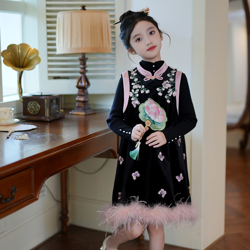 女童旗袍裙立领新中式2025秋冬装儿童丝绒国风鸵鸟毛汉服背心裙子