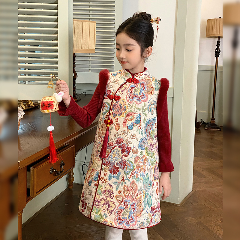 女童红色年服夹棉汉服背心裙冬季2025新款儿童国风新中式改良裙子