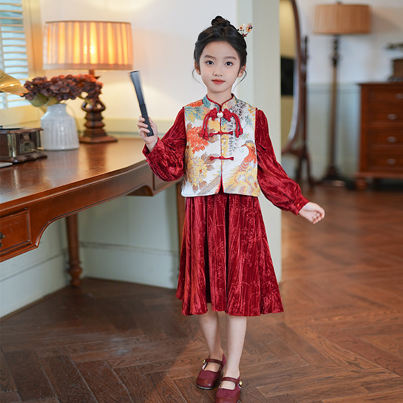 新中式国风女童套装裙子2025春秋新款儿童古风马甲连衣裙礼服红裙,童装/婴儿装/亲子装,套装,淘宝优惠券,粉丝福利购,淘宝优惠卷