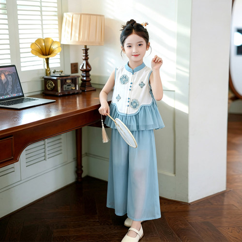 清仓--女童新中式国风汉服套装夏装2026新款马甲阔腿裤儿童表演服