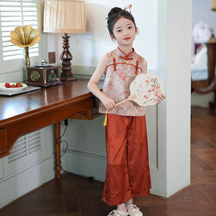 53564A女童套装2025夏季新款新中式复古盘口上衣短裤中国风两件套