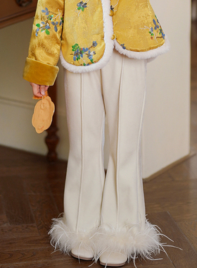 女童裤子2025新款冬装儿童一体绒加厚喇叭裤可拆卸鸵鸟毛秋冬长裤