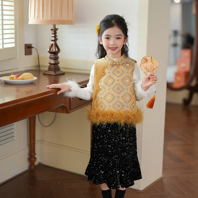 女童套装冬季新款2025新款日常可穿汉服国风演出服洋气小公主冬装