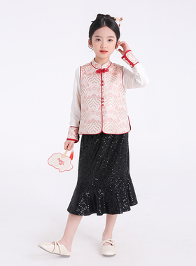 80549新中式女童唐装马甲汉服2026春季新款改良旗袍外套盘扣上衣
