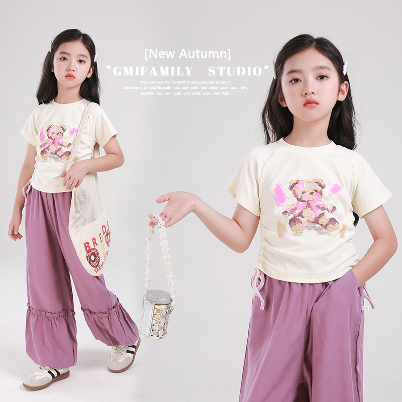 0769442女童t恤短袖2025新款粉色抽绳小熊短款上衣打底衫儿童衣服