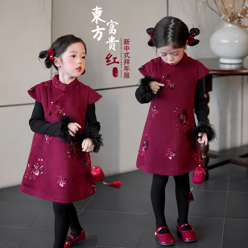 拜年服女宝宝秋冬装2025新款儿童红色旗袍裙新中式国风汉服连衣裙