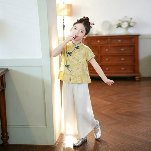 80%人丝 女童套装2026夏季新款高级感国风刺绣上衣裤子儿童两件套