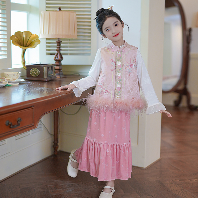 唐装新中式女童套装汉服秋季2025新款周岁礼服女孩马甲国风两件套