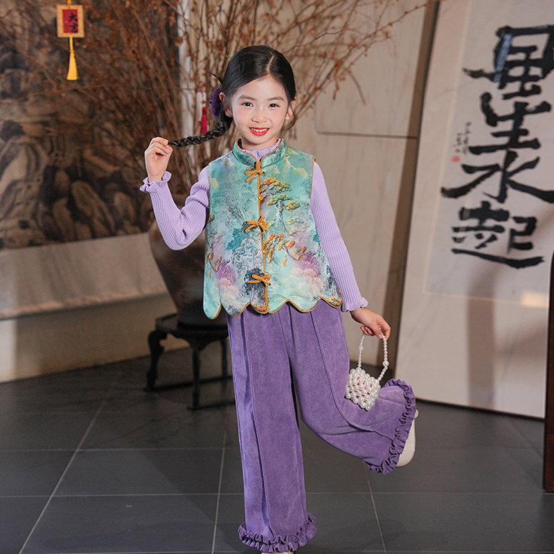 53971女童过年新中式紫色唐装马甲汉服冬季儿童宝宝中国风拜年服
