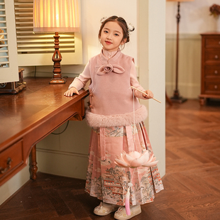2026冬季女童年服国风上衣马甲汉服马面裙套装中国风坎肩两件套