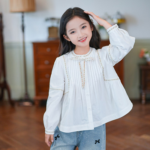 53622女童复古法式灯笼袖系带衬衫2026春秋新款儿童白衬衣童装