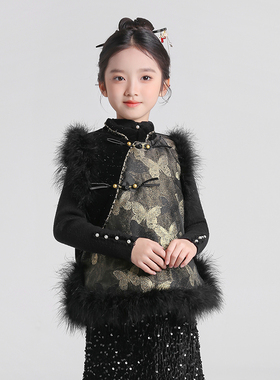 新中式国风女童汉服套装夹棉蝴蝶坎肩2026冬季新款儿童古风过年服