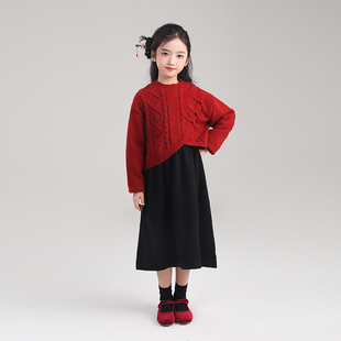 女童套装2025新款冬装洋气时髦中大童红色年服毛衣裙子儿童两件套