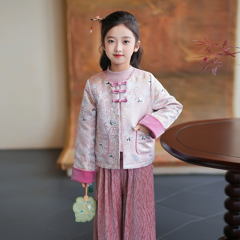 女童国风汉服外套2025秋冬新款保暖棉服双面穿粉色古风唐装