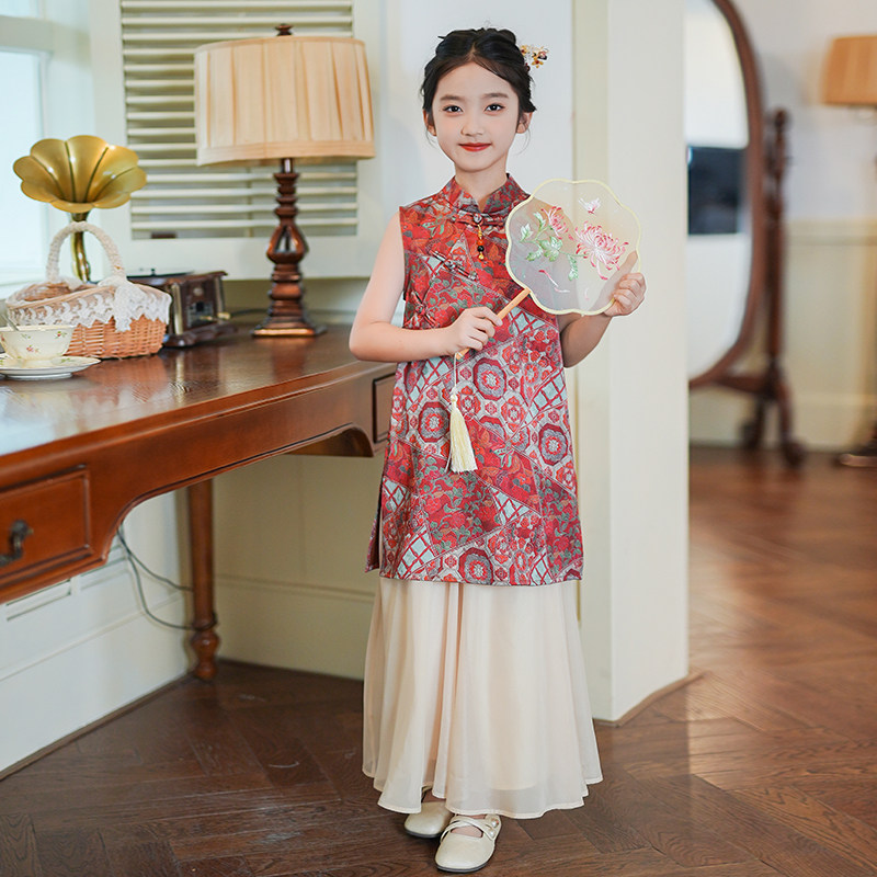 53853中国风女童红色旗袍上衣2025夏季新款新中式汉服裤子两件套图片