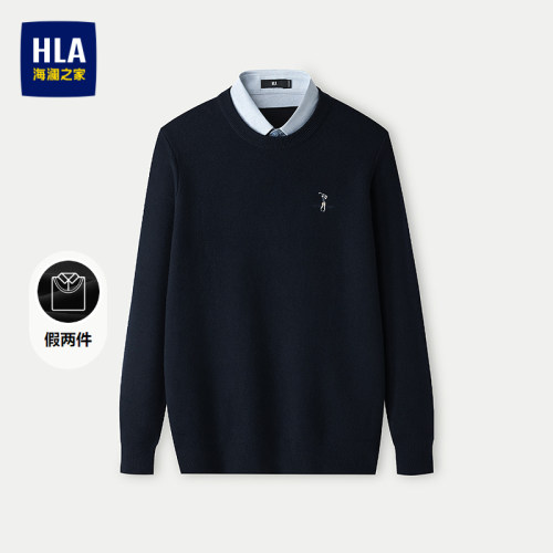 HLA/海澜之家ZOLA联名假两件针织衫男秋衬衫领毛衣男中老年爸爸装