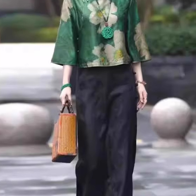 香云纱新中式国风桑蚕丝宽松套装女春夏重缎印花上衣+旗袍半身裙